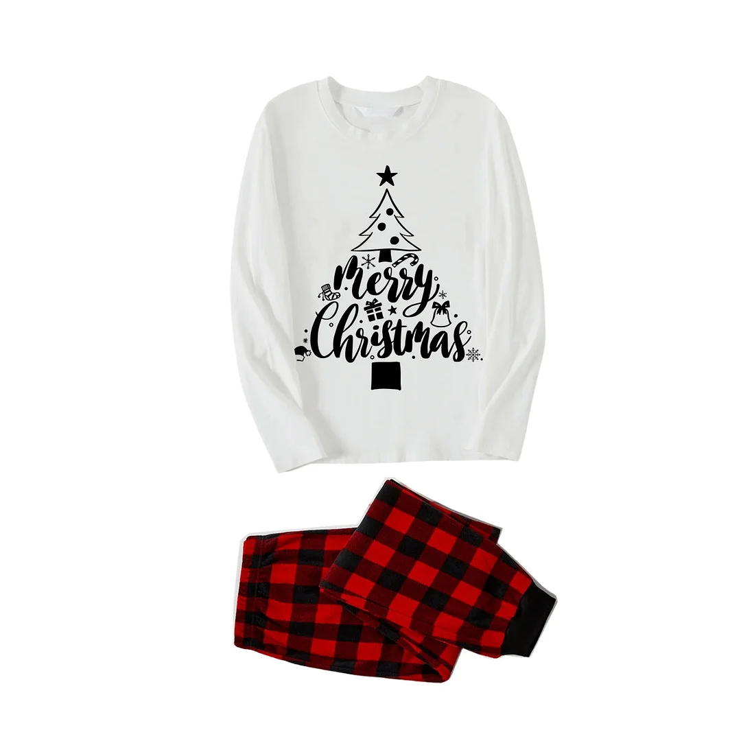 Christmas Tree Pattern "Merry Christmas" Monogram Print White Long Sleeve Top with Vintage Red and Black Large Plaid Pants Family Matching Pajamas