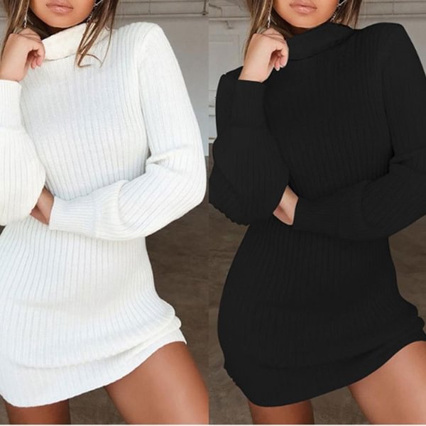 Women Autumn and Winter Long Sleeve Knitted Sweater Dress Ladies Fashion Keep Warm Knitting High Collar Slim Fit Bottoming Mini Knitting Dress - Life is Beautiful for You - SheChoic