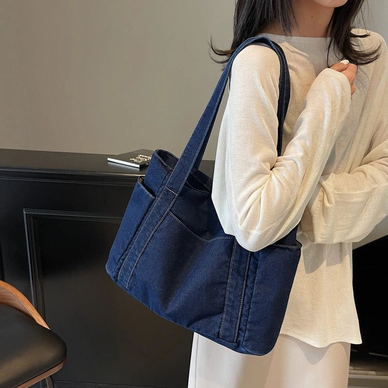 Women’s Denim Solid Color Classic Style Square Zipper Tote Bag