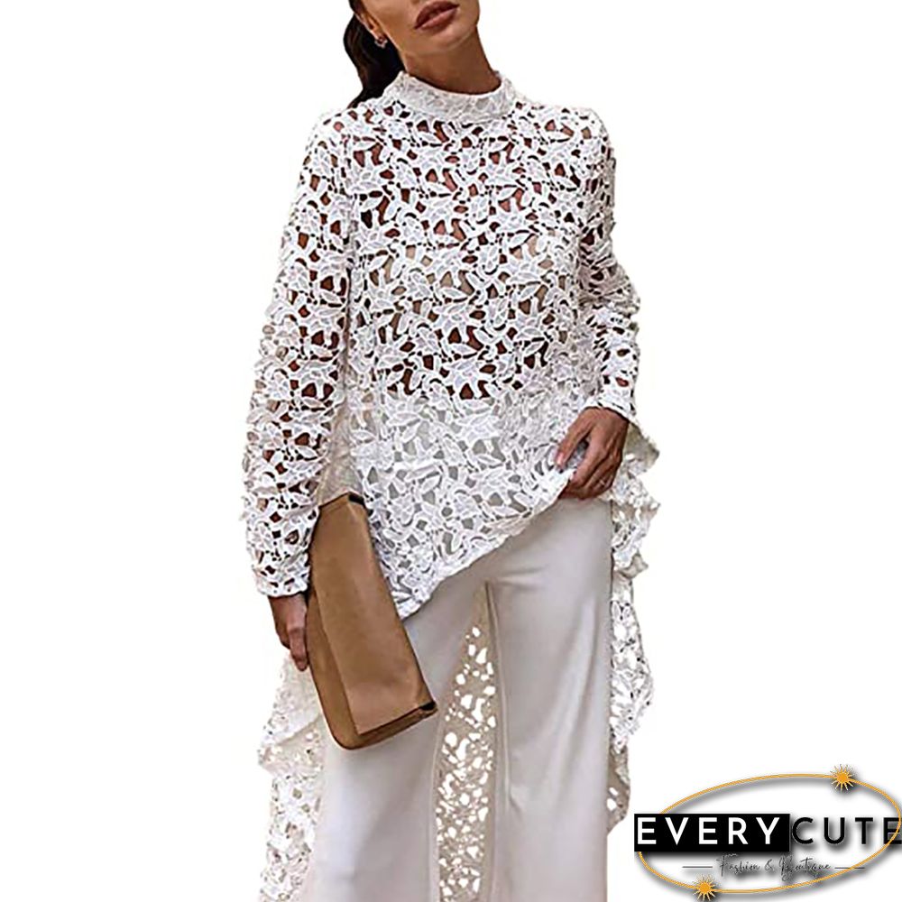 White Lace High Low Long Sleeve Tops