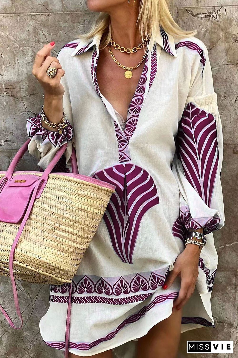 Casual Vacation National Totem Patchwork Fold V Neck Shirt Dress Dresses