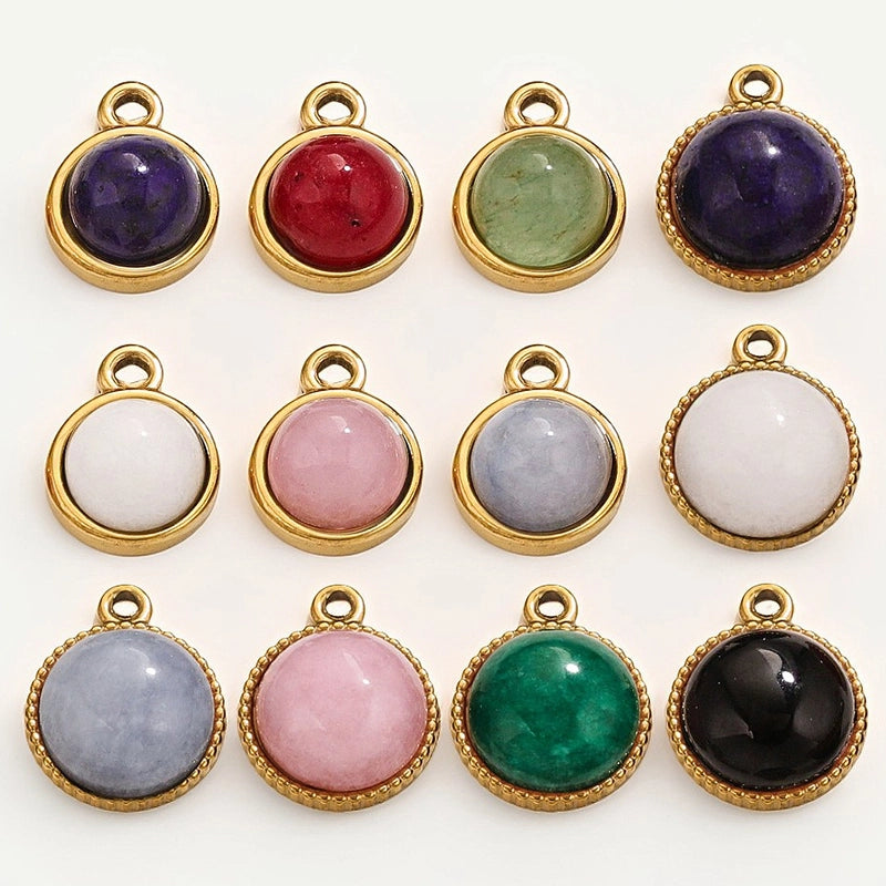 3 Pieces 13*10mm 14mm 304 Stainless Steel Natural Stone Round Pendant Jewelry Accessories