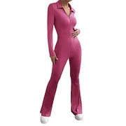 Ejimei Long Sleeve Jumpsuit Women Zipped Turn-down Collar Rompers Full Body Tight Fitting Woman Overalls Solid Ladies Flare Pants 2025