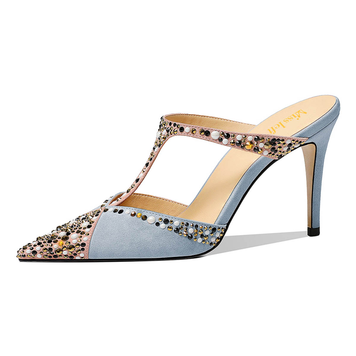 Light Blue Rhinestone T-Strap Stiletto Heel Womens Mules Shoes Nicepairs