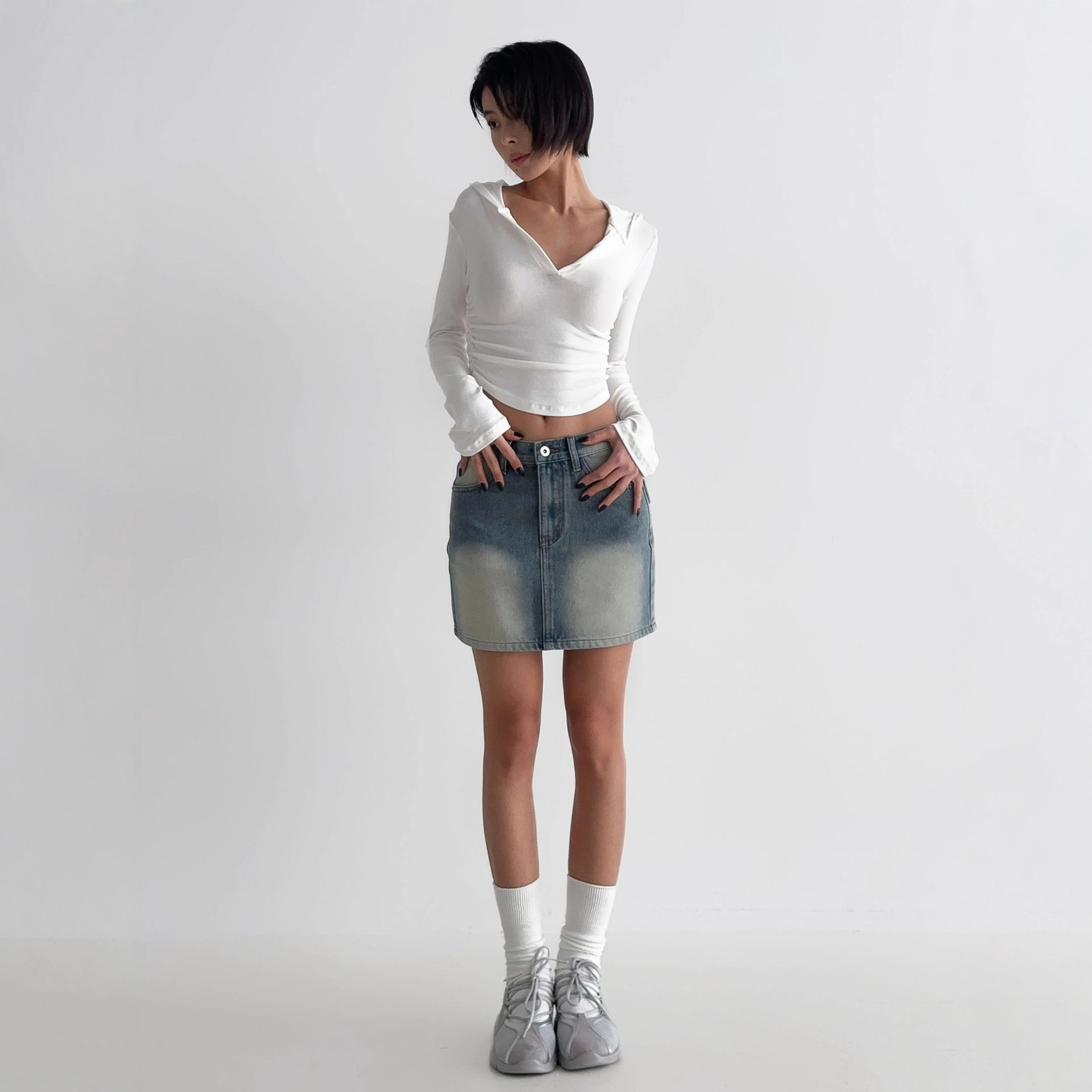 Vintage Washed Denim A-Line Mini Skirt
