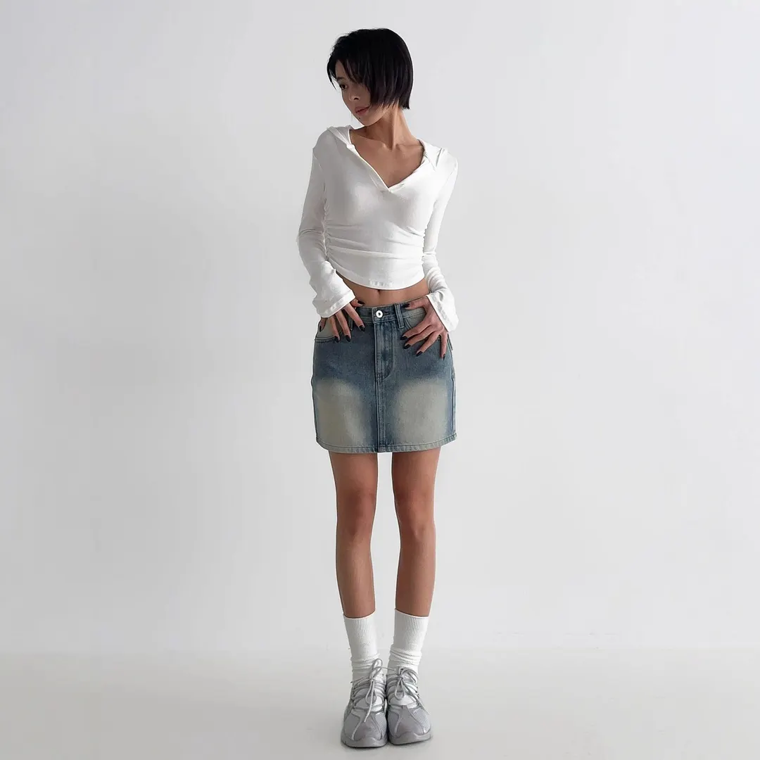 Vintage Washed Denim A-Line Mini Skirt