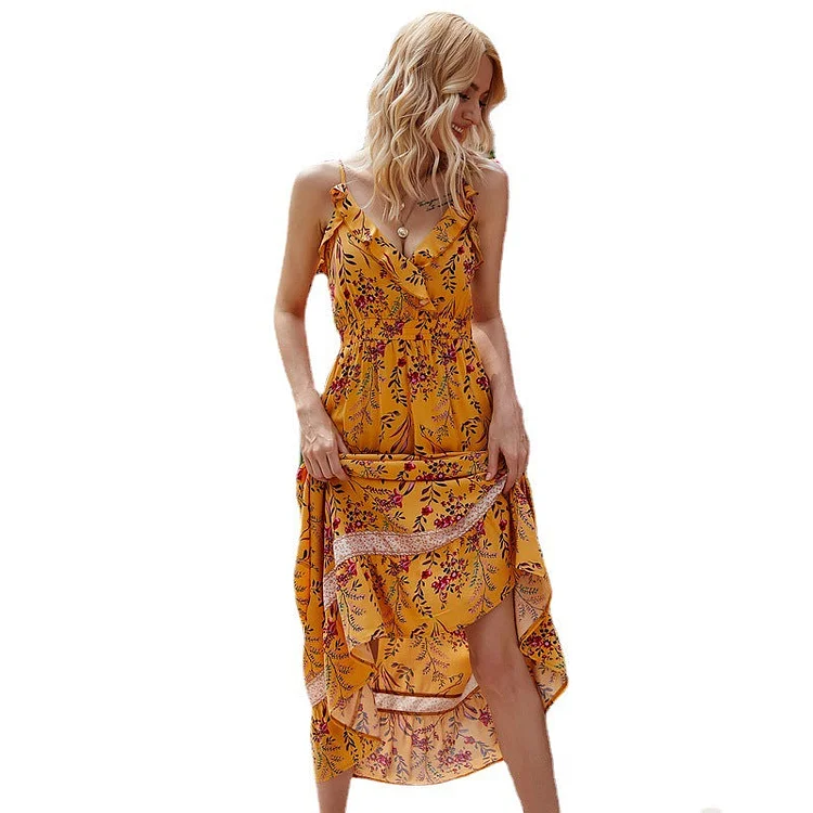 Beth Dutton Bohemian Dress Summer Spring Midi Dresses Summer Bohemian Style Printed Ruffle Swing V-neck Strap Dress