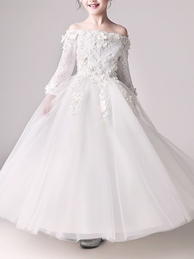 Oknass  3/4 Length Sleeve Off Shoulder Ball Gown Flower Girl Dress With Appliques