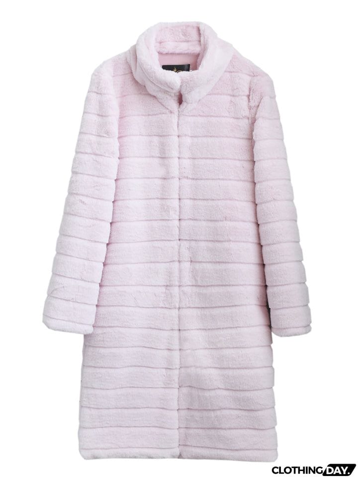 Stylish Striped Stand Collar Women's Comfy Mid-Length Fuzzy Coat