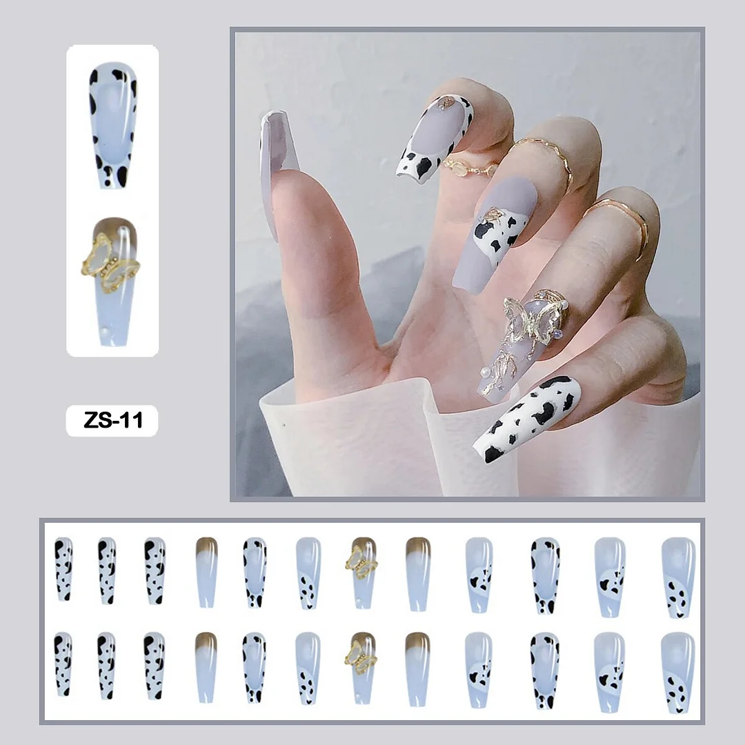 24PCS False Nails with Glue Rhinestones Long Trapezoid Detachable Pearl Stick on Nails Press on Nails Art With Wearing Tools-Nail Inspo