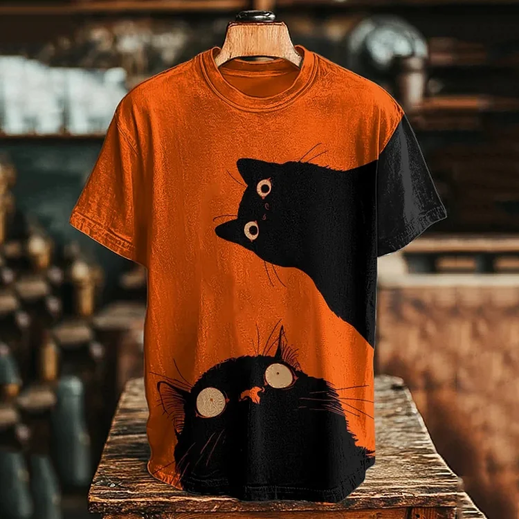 Men's Black Cats Printed Casual T-shirt