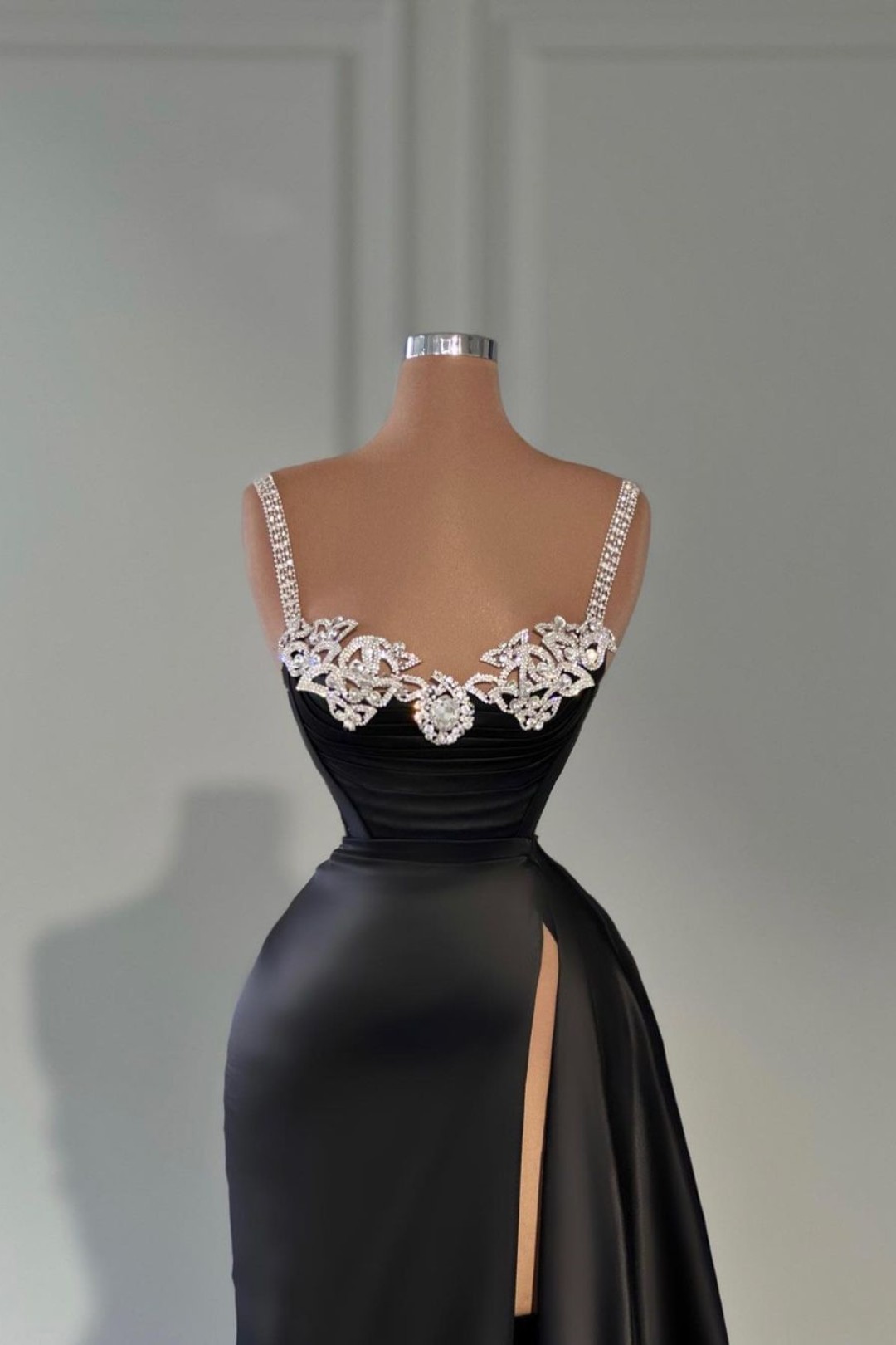 Crepe Dress With Spaghetti Straps And Rhinestone Neckline In Black main image 0