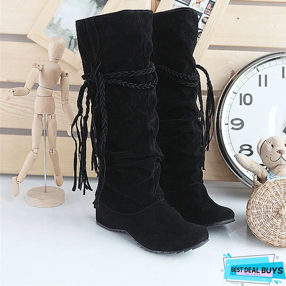 Women's Wedge Heel Ruffles / Knee High Boots Slouch Boots Fall / Winter Black / Pink / Brown