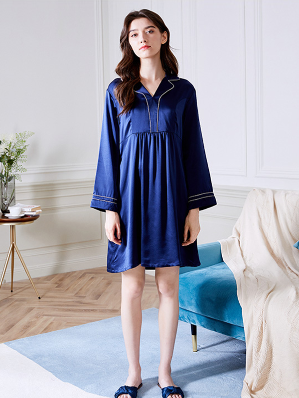 Flash V Neck Mid Length Silk Nightgown-Real Silk Life