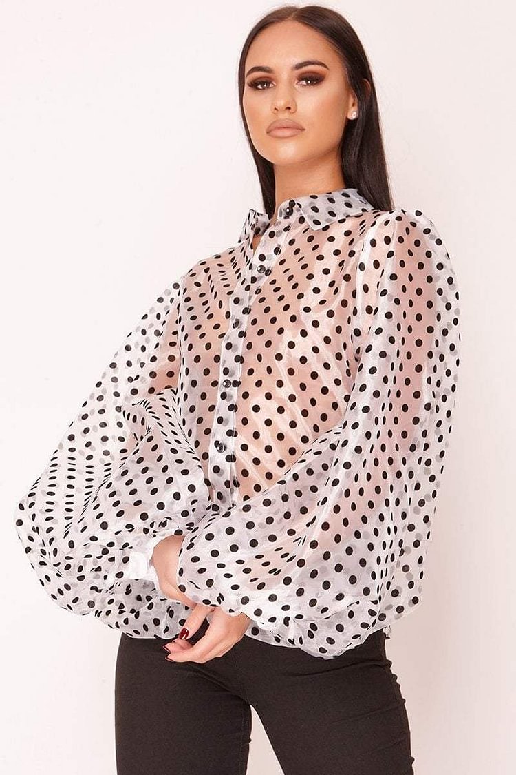 White Polka Dot Balloon Sleeve Shirt Katch Me