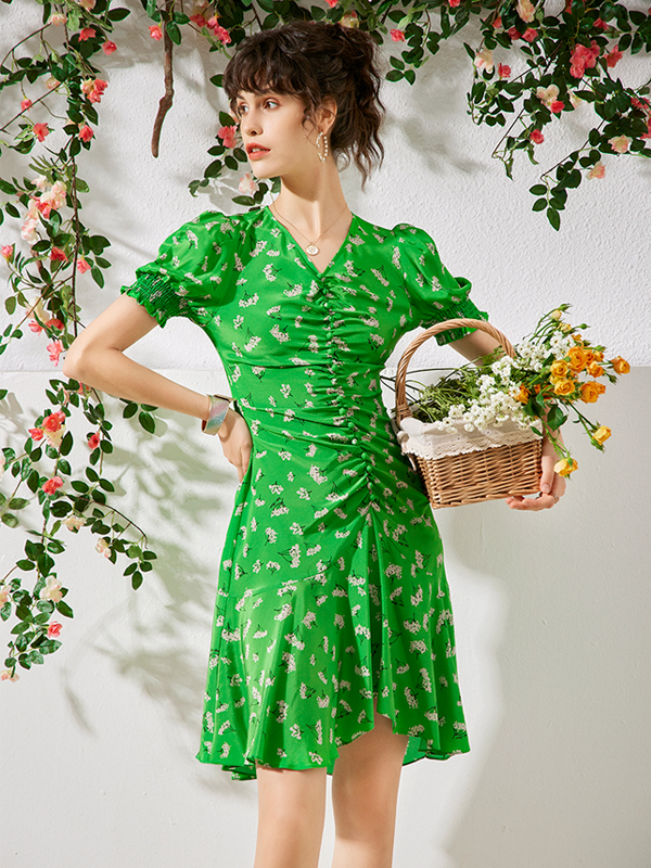 French Floral Silk Dress Puff Sleeve Style