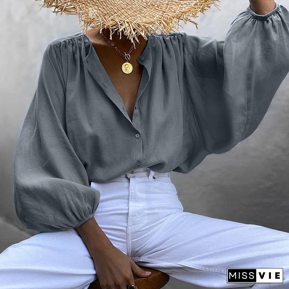 Chic New Women Lantern Sleeve Blouse Solid Color Elegant Fashion Round Collar Buttons Shirts Lady Plain Tops for Autumn Spring