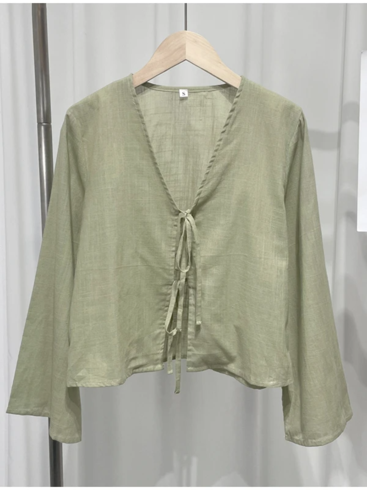 Uveng Women V Neck Solid Green Lace Up Shirt Fashion Long Sleeves Loose Cropped Top Chic Lady Street Blouse Vacation Tops