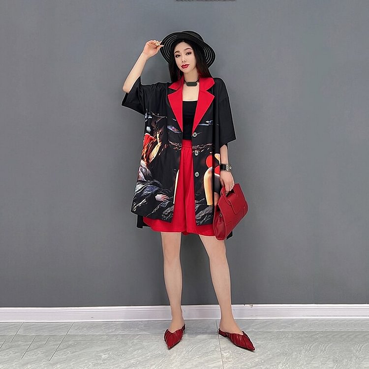 Chinese Style Printed Contrast Color Lapel Short Sleeve Blazer And Shorts Two Pieces Set      