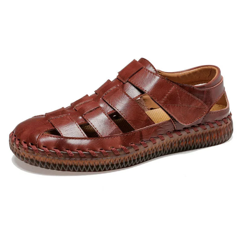 Men Closed Toe Hand Stitching Woven Outdoor Leather Dress Sandals