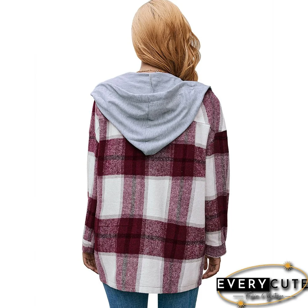 Wine Red Plaid Hooded Shirt Jacket