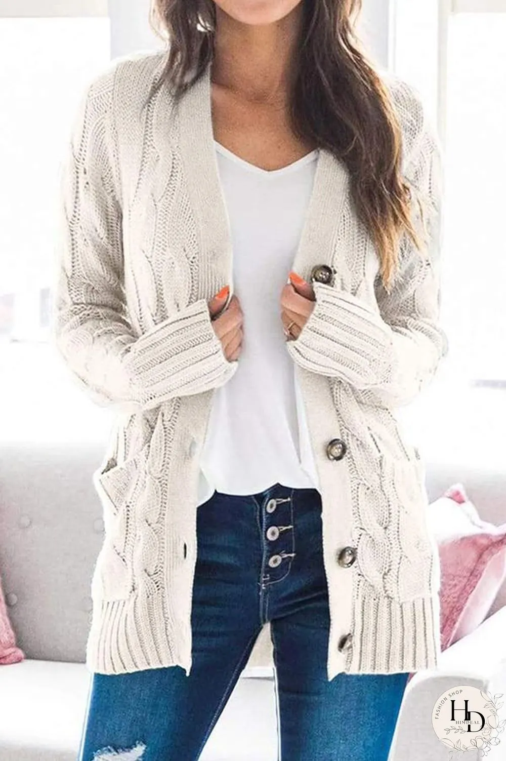 Button Cable Knit Cardigan