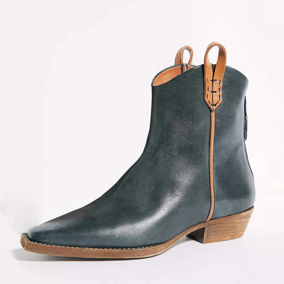 Fashion Navy Pointed Toe Chunky Heel Back Zipper Cowgirl Boots