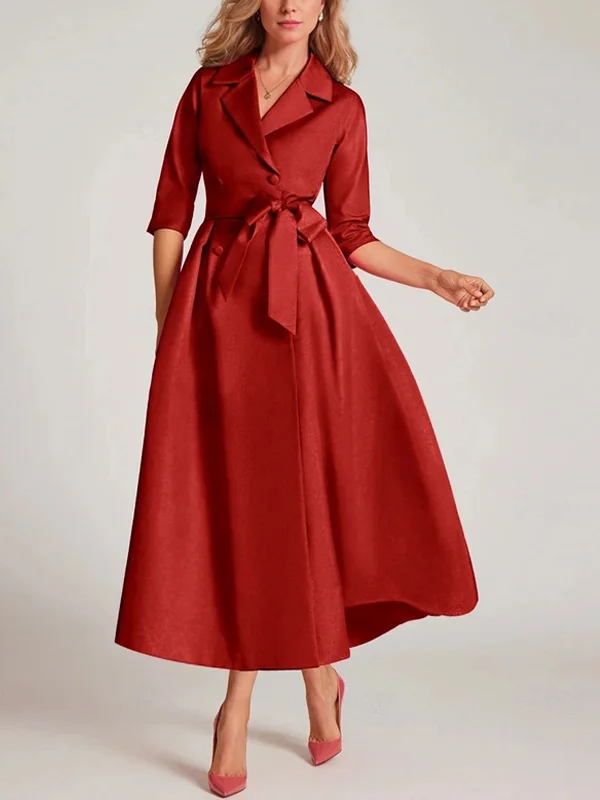 Lapel Solid Color Midi Dress