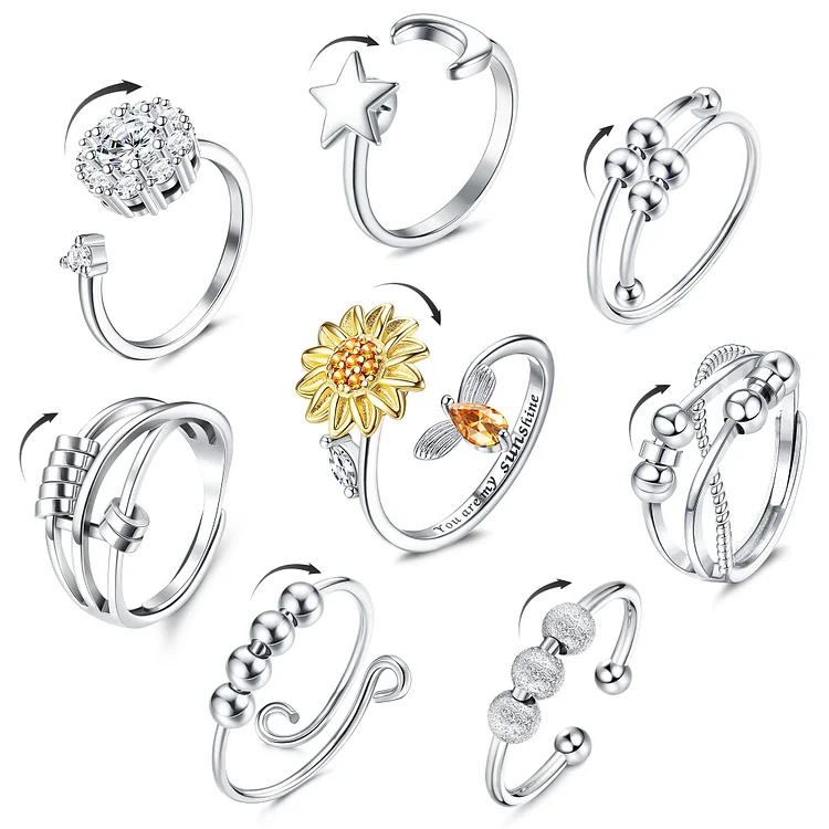 Diamday 8pcs Relief Stress Open Adjustable Beads CZ Flower Stackable Rings