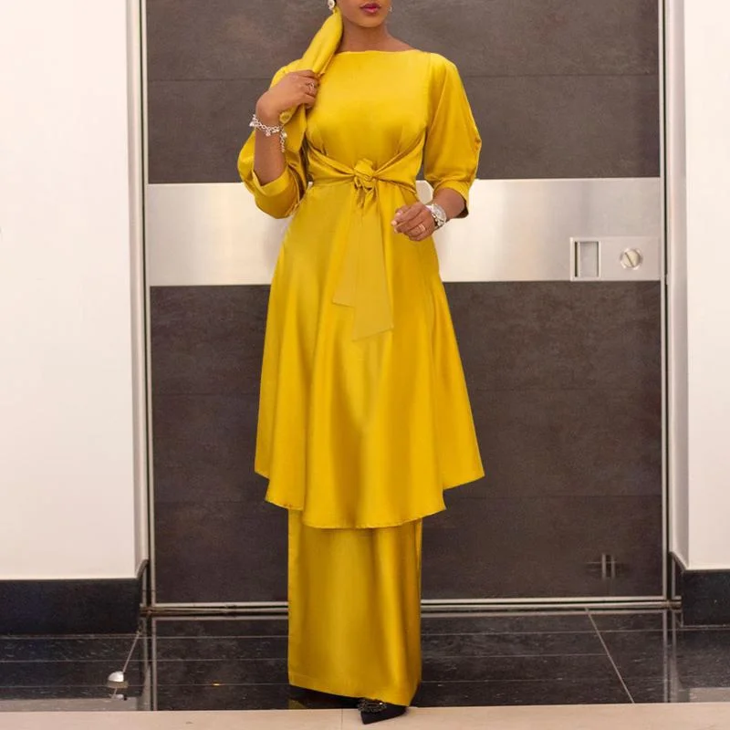 VONDA 2022 Elegant Skirt Sets Women Long Blouse Tunic Skirt Set 3/4 Sleeve Belted Satin Faldas Saia With High Waist Jupe Suits