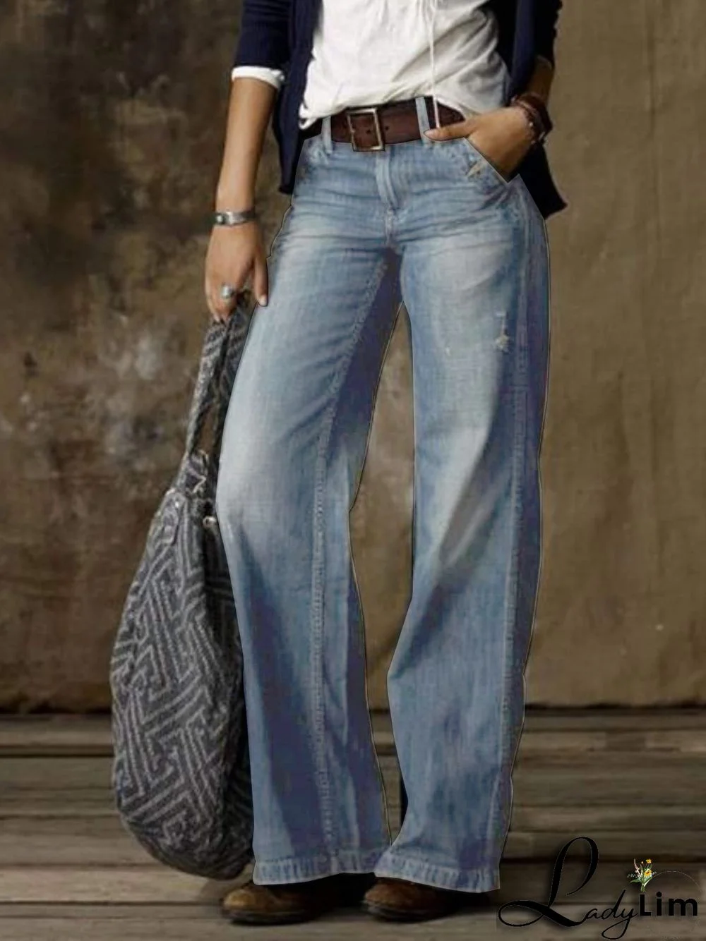 Vintage Fashion Casual Straight Wide Leg Ladies Denim Pants