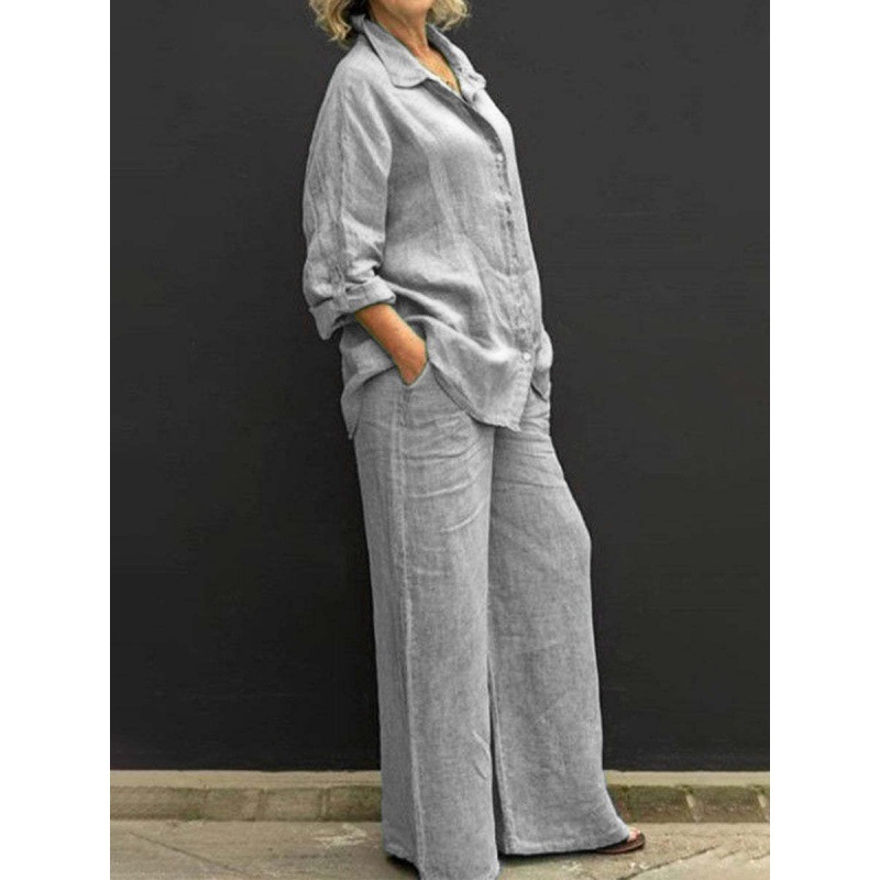 Wheelorx fairy dress short Solid Color Cotton Linen Shirt 2 Piece Set For Women Spring Autumn Long Sleeve Blouse Wide Leg Pants Suits Female Casual Outfits