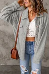 Gray Flap Pockets Button Front Teddy Coat