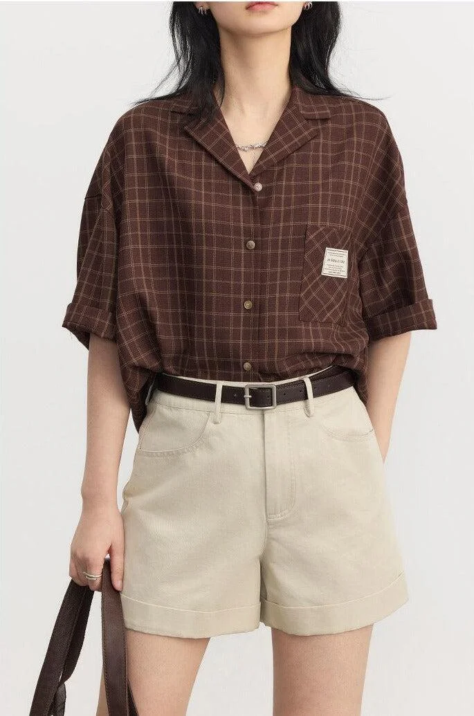 Brownm Academia V-Neck Plaid Shirt