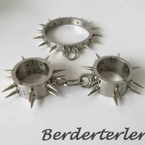 pornhint Pornhint Spiked Stainless Steel Neck Collar Handcuffs Metal Restraints Hand Cuffs Fetish