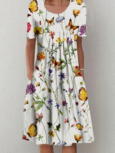 Women's Short Sleeve Scoop Neck Floral Print Casual Pocket Dress