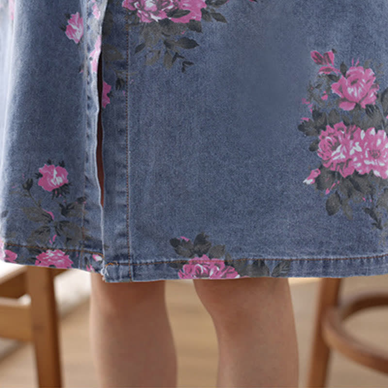 Floral Print Drawstring Lapel Denim Dress