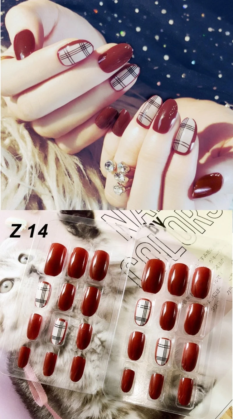 24 Pcs/Set False Nails Full Cover Artificial Fake Nails Press On Tips Painted Design Stickers Short Art Tips with Color Cute Red-Nail Inspo