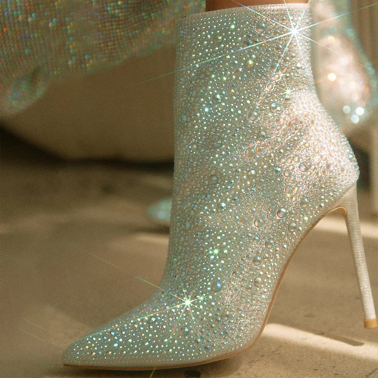 White Sparkly Rhinestone Ankle Boots with Pointed Stiletto Heels Vdcoo