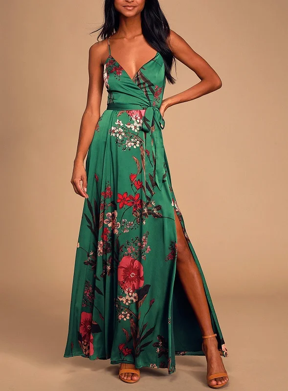 Women's Still The One Emerald Green Floral Print Satin Maxi Prom Dress