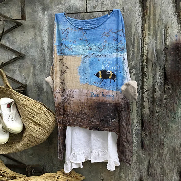 Vintage Patchwork Bee Happy Embroidery Art Linen Blend Blouse