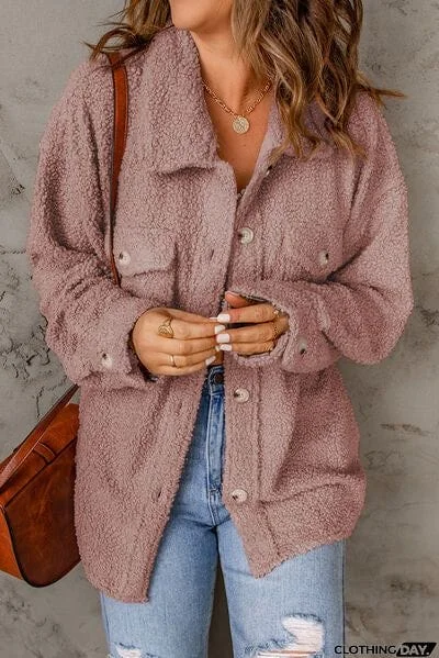 Fuzzy Button Up Pocketed Jacket