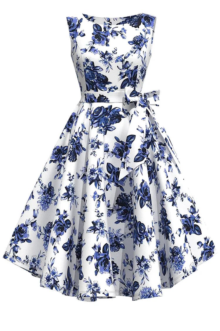1950s Blue Rose Party Floral Print Waistband Bell Midi Dress [Pre-Order]