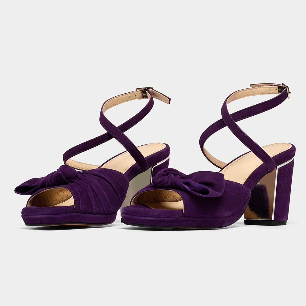 Purple Bow Crossover Ankle Strap Platform Sandals with Chunky Heel Nicepairs
