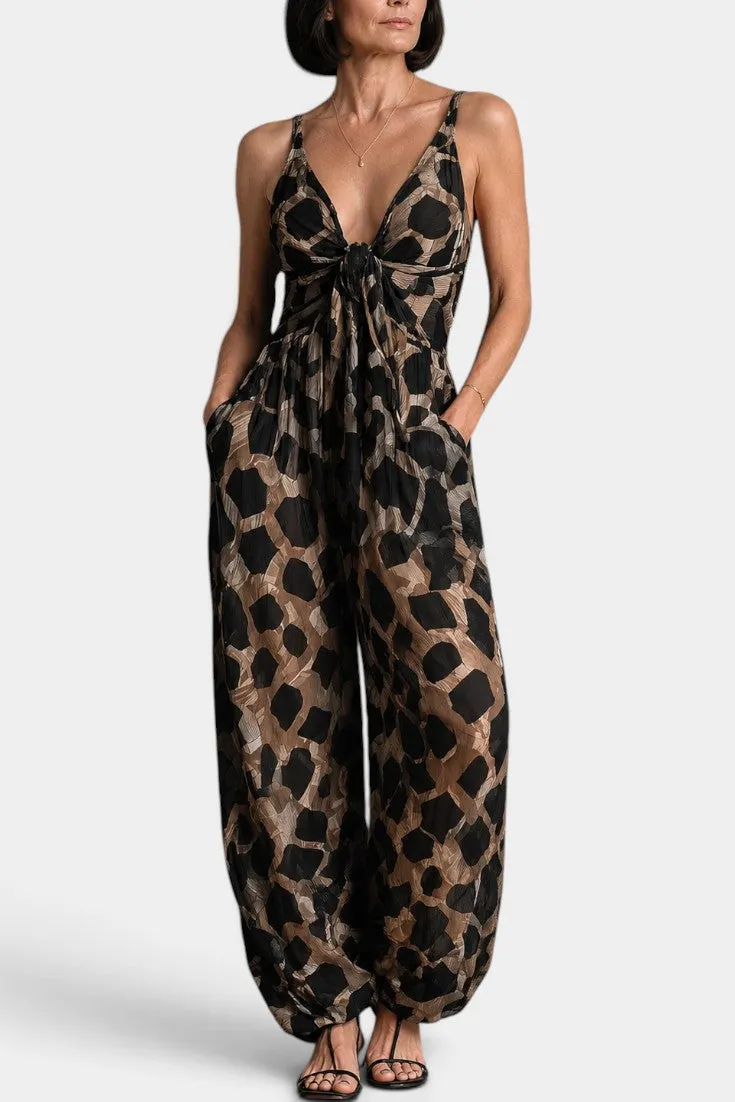 V-Neck Tied Leopard Print Jumpsuit