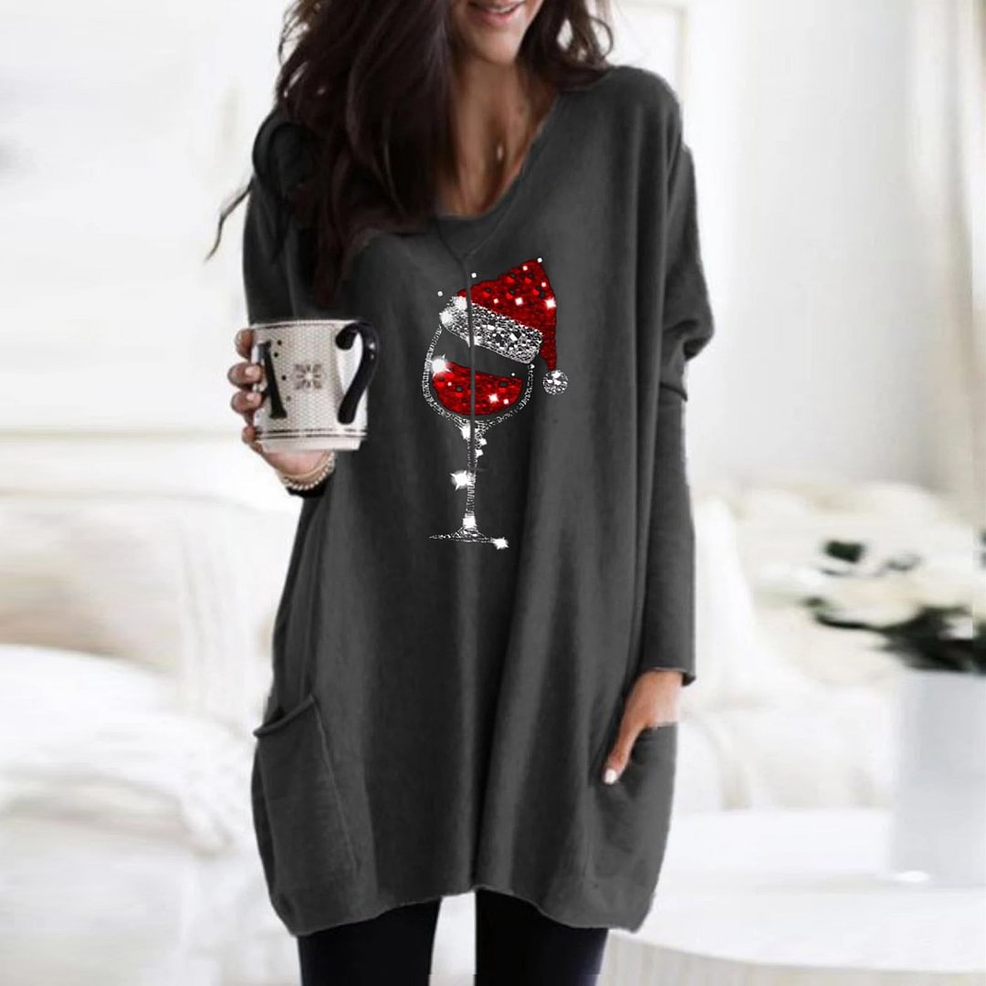Women's Christmas Hat Pattern Print Long Style T-shirt With Front Pockets