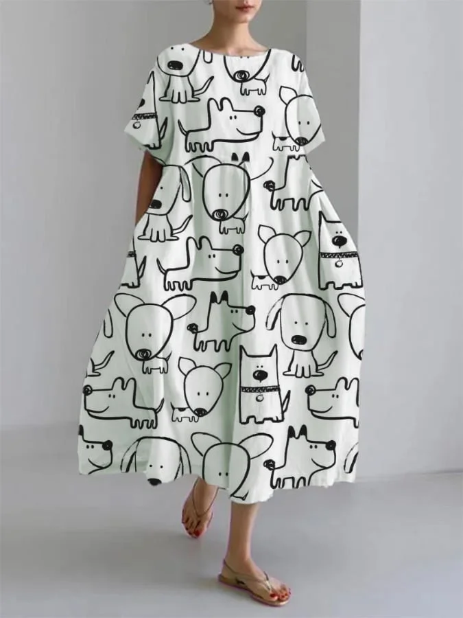 Women's Cute Puppy Print Short Sleeve Linen Blend Midi Dress