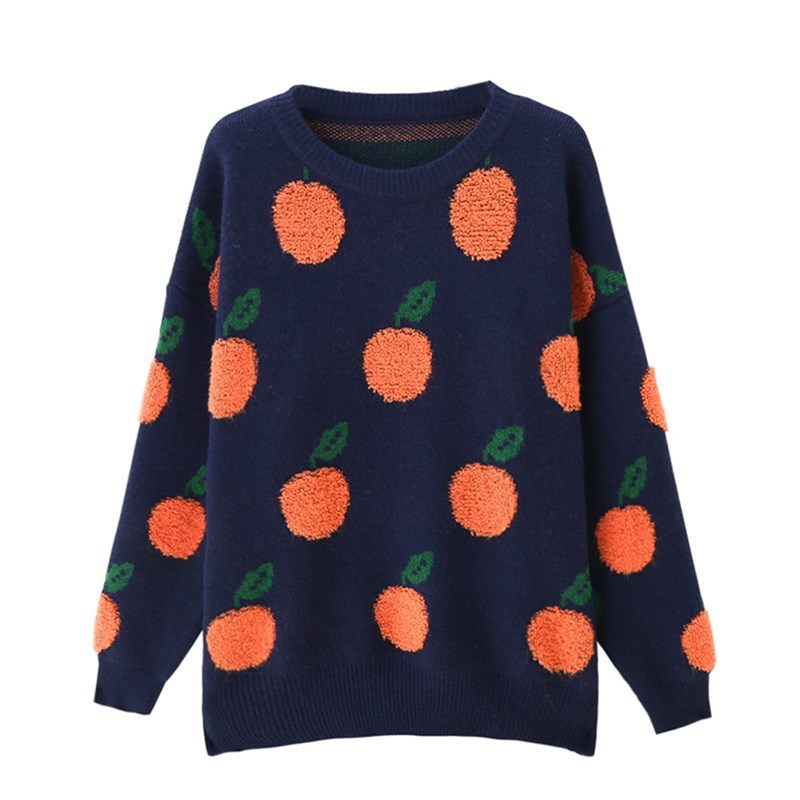 Orange Jacquard Casual Round Neck Sweater