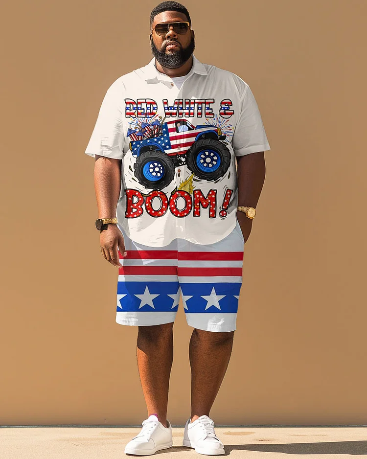 Men's Plus Size Independence Day Flag Car Printed Short Sleeve Shirt Shorts Suit