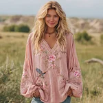 Women's Bohemian Pink Floral And Birds V-neck Long-sleeved T-shirt - Image 2